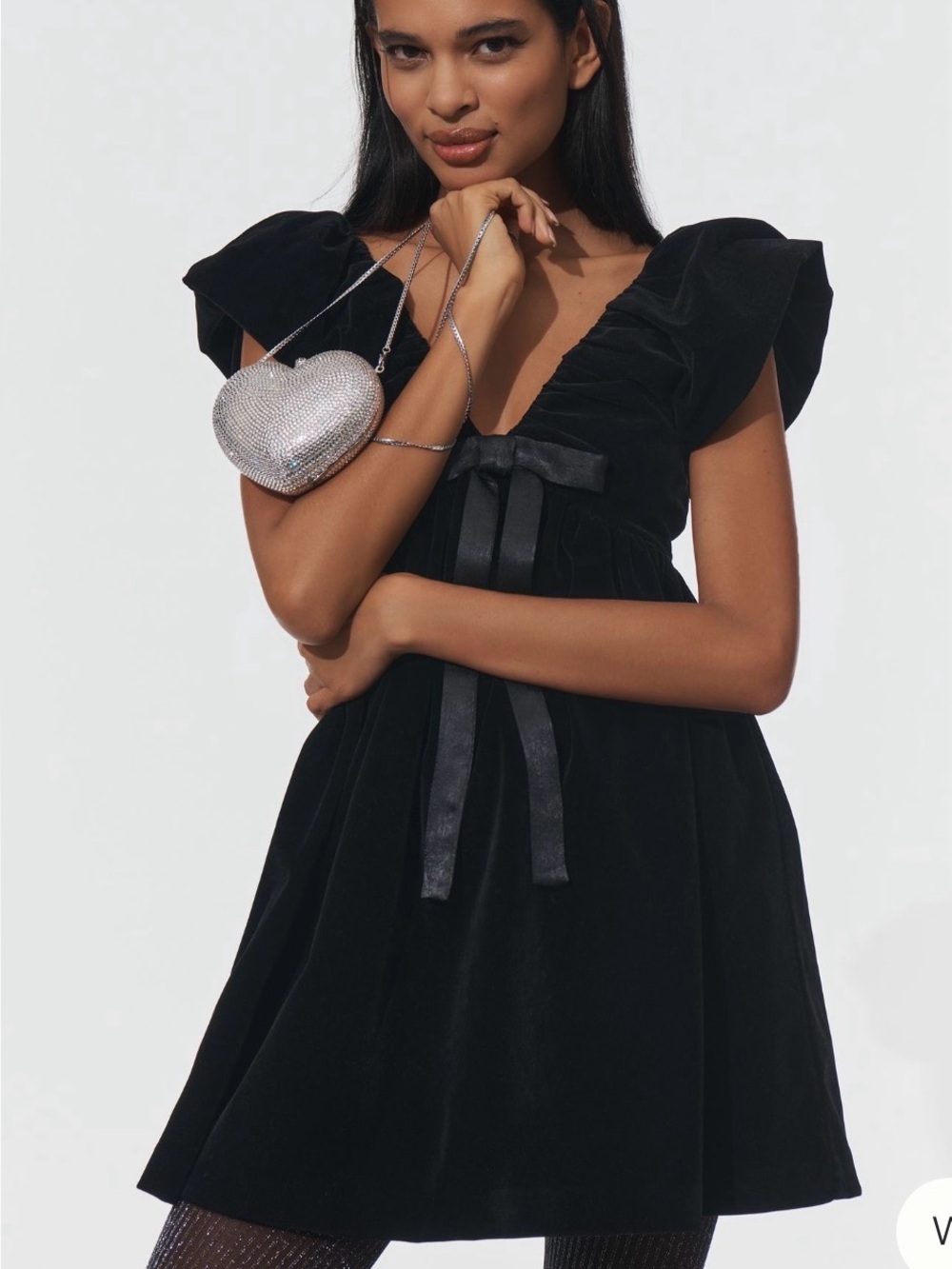 Anthropologie black Velvet V-Neck Ruffle Mini Dress